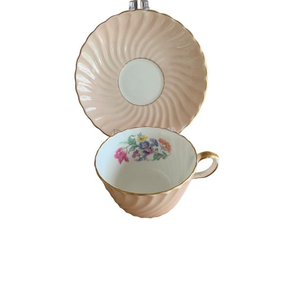 AYNSLEY ENGLAND PASTEL LIGHT PINK SWIRL TEA CUP SAUCER SET FLORAL GOLD RIM #1 Gd - Picture 1 of 13